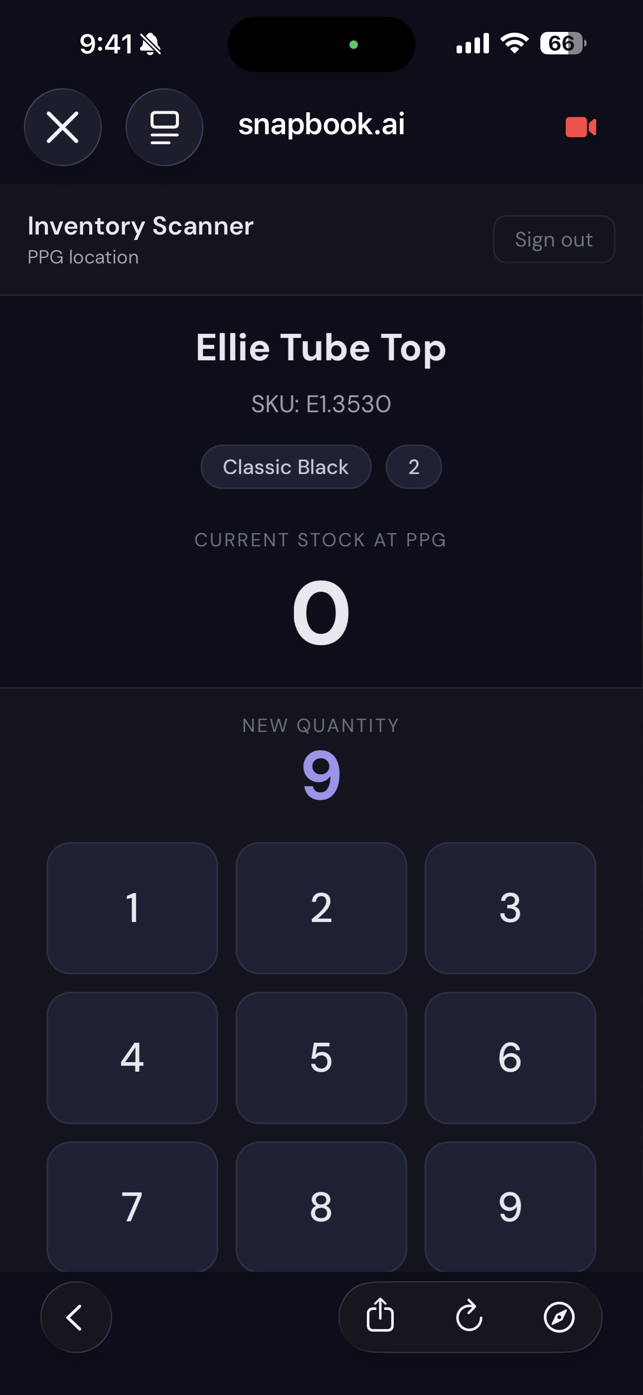 Snapbook.ai inventory scanner app showing Ellie Tube Top with SKU, current stock count, and large numpad for entering new quantity