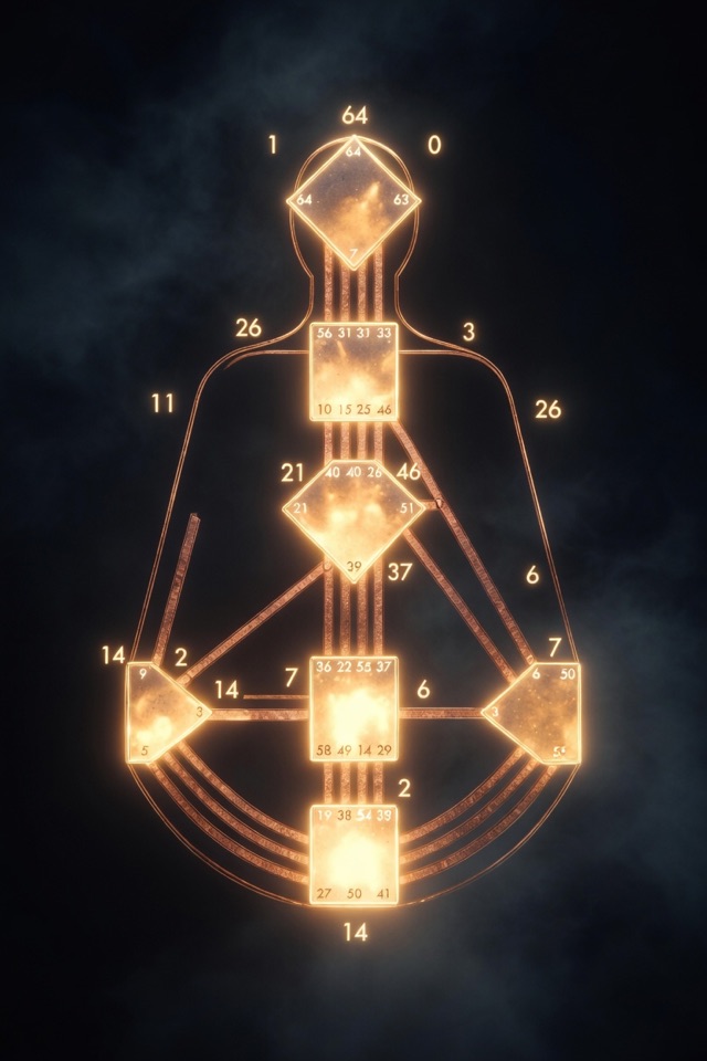 A full Human Design bodygraph with gate numbers